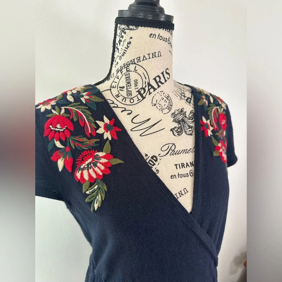 ZARA Womens Dress Size Small Navy Blue Knit Floral Embroidered Faux Wrap - Picture 9 of 12